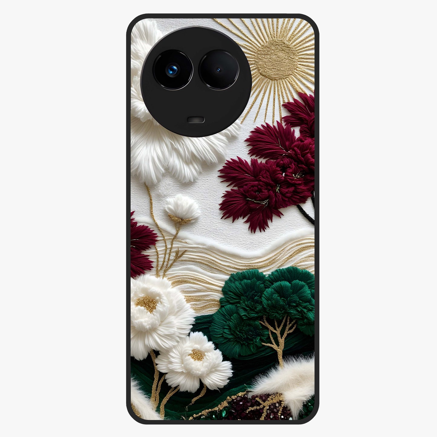 Radiant Bloom Elegance Glass Case showing flat back view with elegant blooming flower artwork and glossy glass finish.