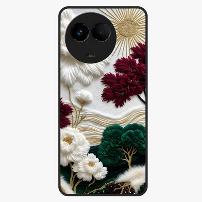 Radiant Bloom Elegance Glass Case showing flat back view with elegant blooming flower artwork and glossy glass finish.