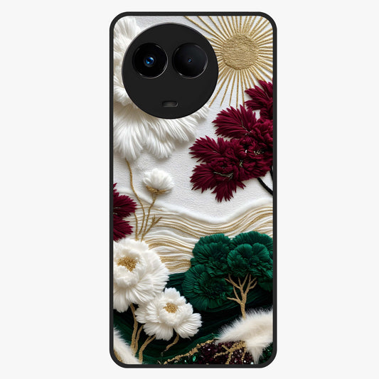Radiant Bloom Elegance Glass Case showing flat back view with elegant blooming flower artwork and glossy glass finish.