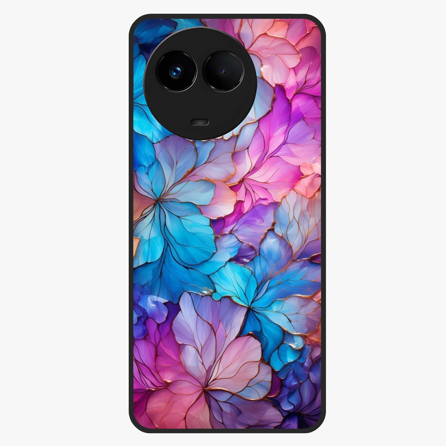 Radiant Floral Whirl Glass Case showing flat back view with swirling floral artwork and glossy glass finish.