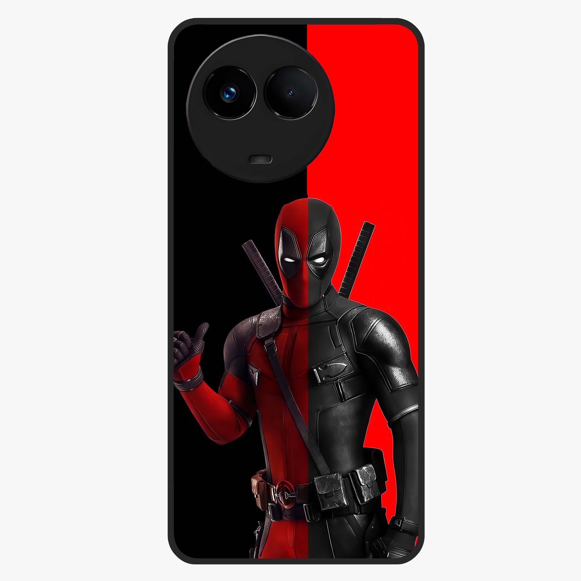 Red & Black Deadpool Theme Glass Case showing flat back view with bold comic inspired artwork and glossy glass finish.