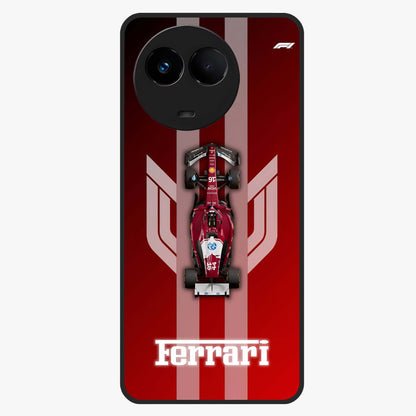Red Ferrari F1 Vertical Glass Case showing flat back view with sleek Formula racing car artwork and glossy glass finish.