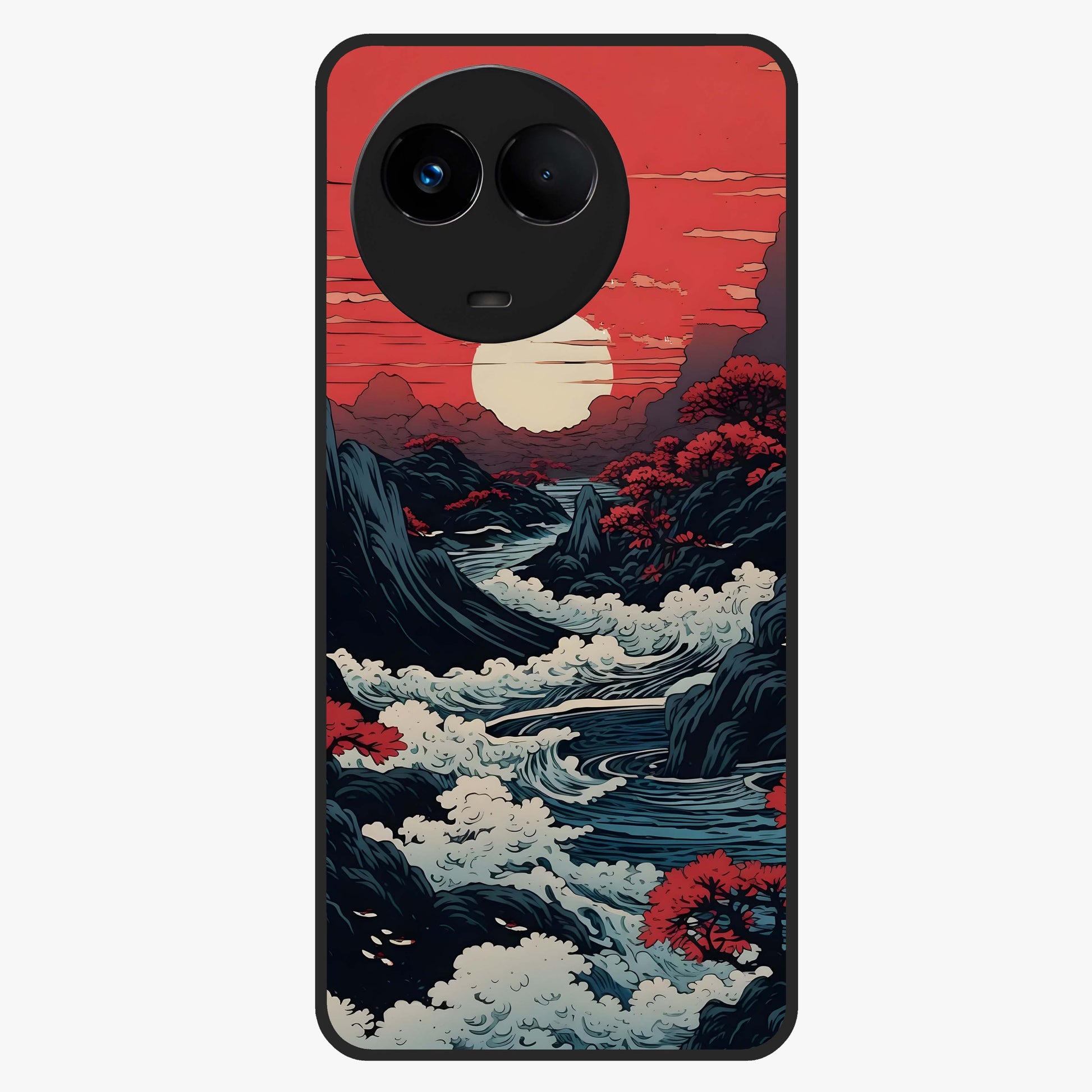 Red Sunset Scenery Glass Case showing flat back view with vibrant sunset landscape artwork and glossy glass finish.