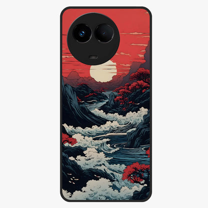 Red Sunset Scenery Glass Case showing flat back view with vibrant sunset landscape artwork and glossy glass finish.