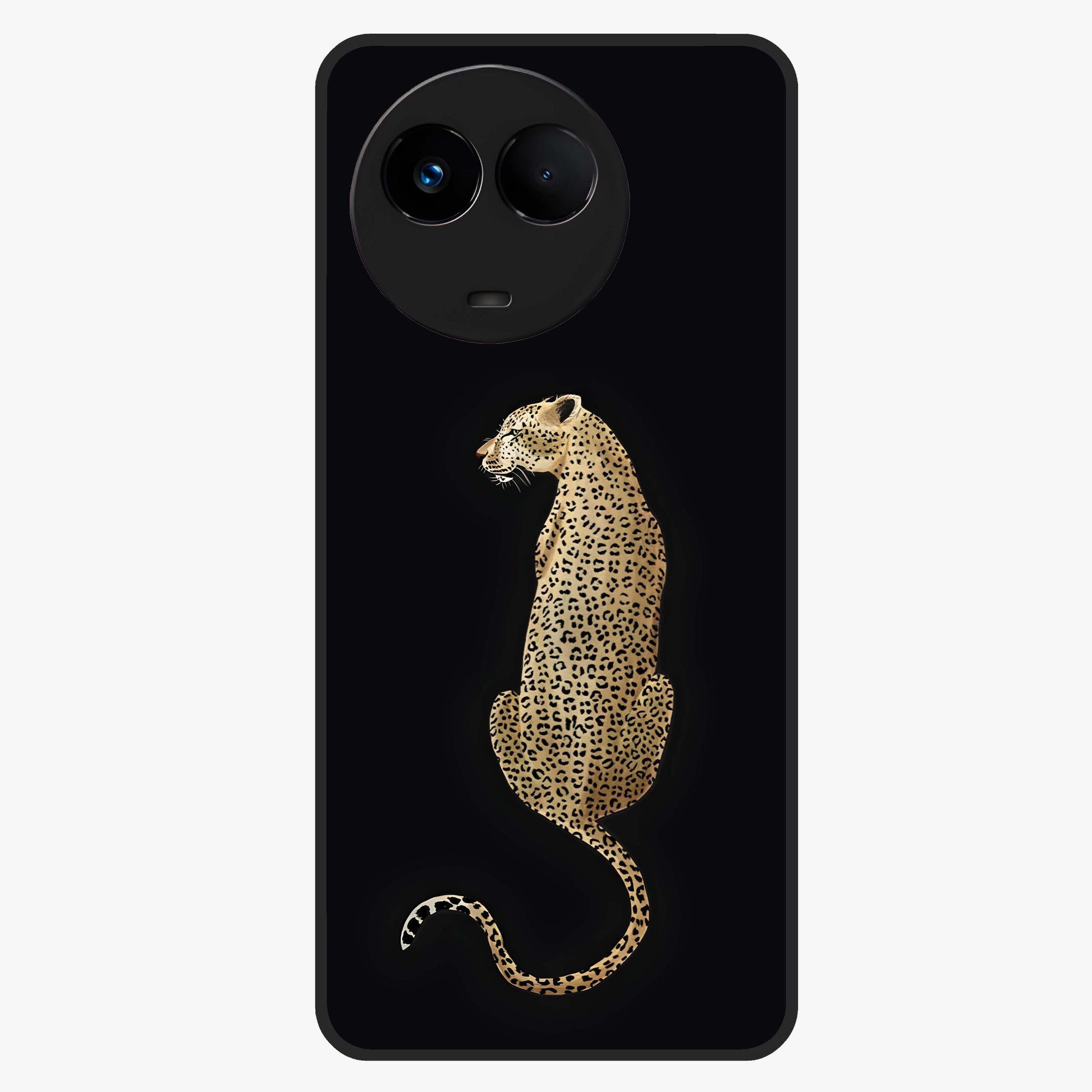 Regal Leopard Glass Case showing flat back view with bold leopard artwork and glossy glass finish.
