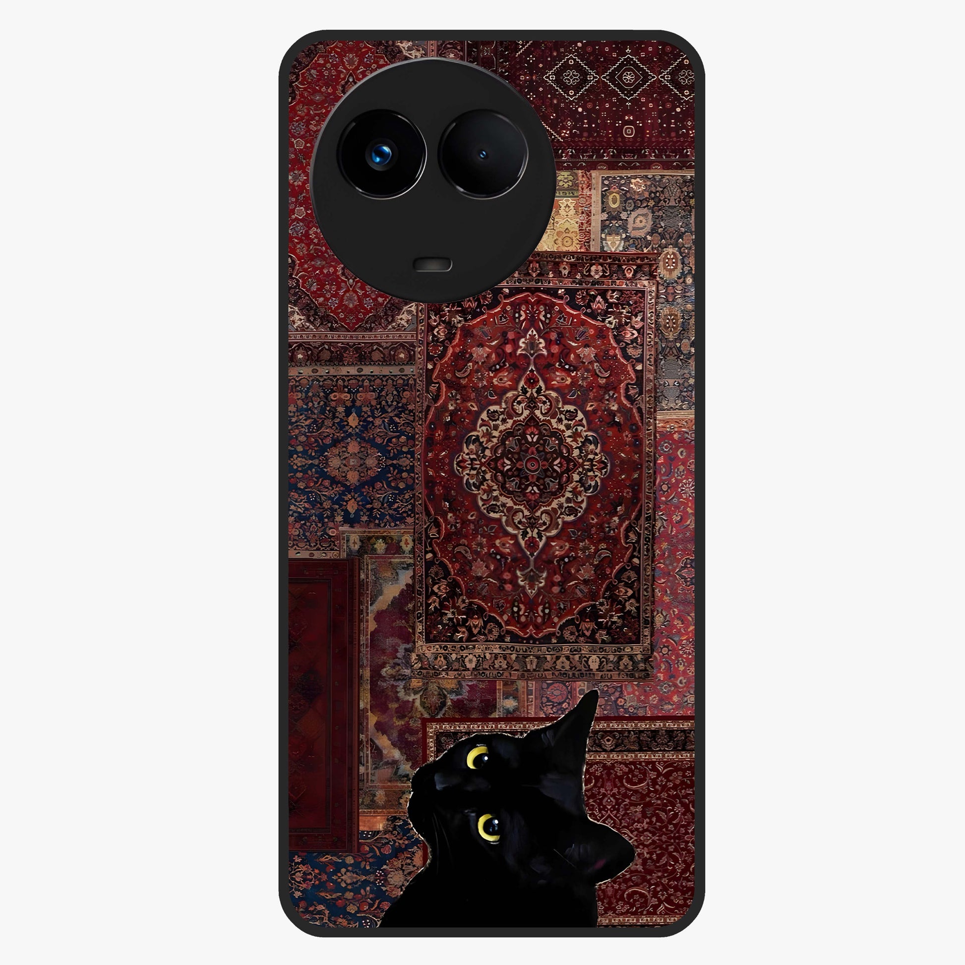 Regal Magic Cat Apple Glass Case showing flat back view with magical cat artwork holding apple and glossy glass finish.