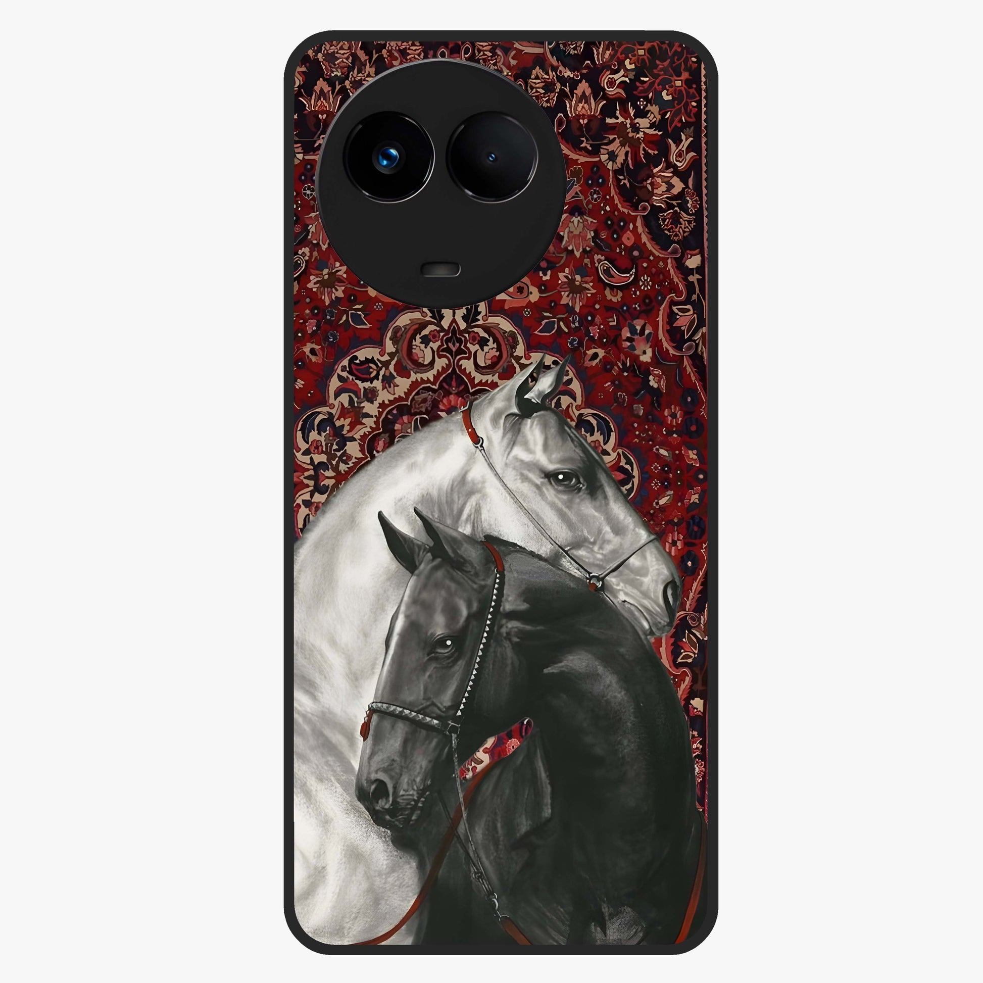 Regal Stallion Tapestry Glass Case showing flat back view with majestic horse tapestry artwork and glossy glass finish.