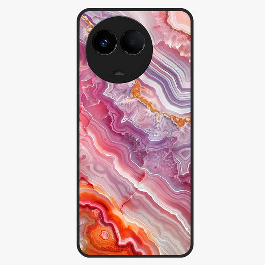 Rose Quartz Marble Glass Case showing flat back view with pink marble quartz texture artwork and glossy glass finish.