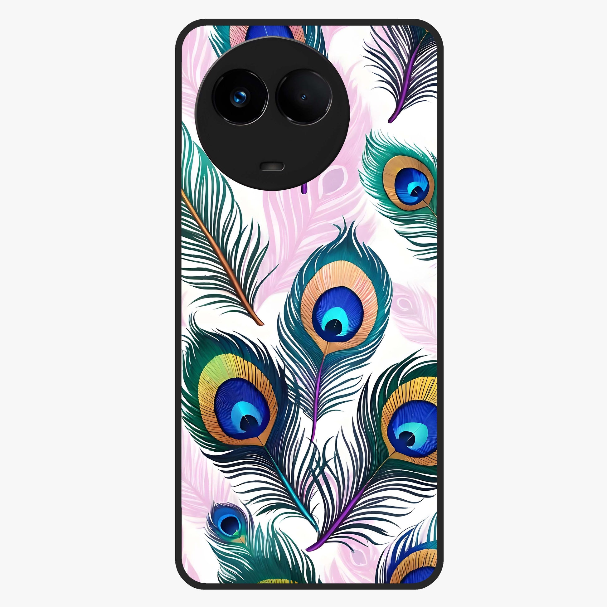 Royal Peacock Feathers Glass Case showing flat back view with colorful peacock feather artwork and glossy glass finish.