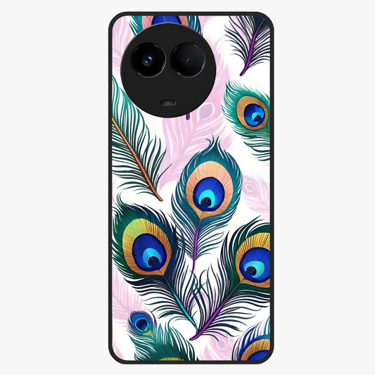 Royal Peacock Feathers Glass Case showing flat back view with colorful peacock feather artwork and glossy glass finish.
