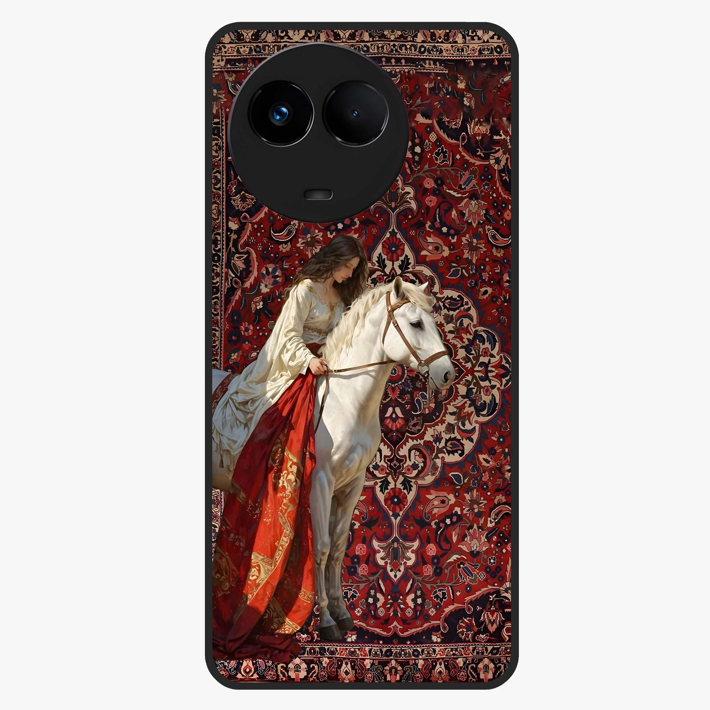 Royal Rider Tapestry Glass Case showing flat back view with majestic horse rider tapestry artwork and glossy glass finish.