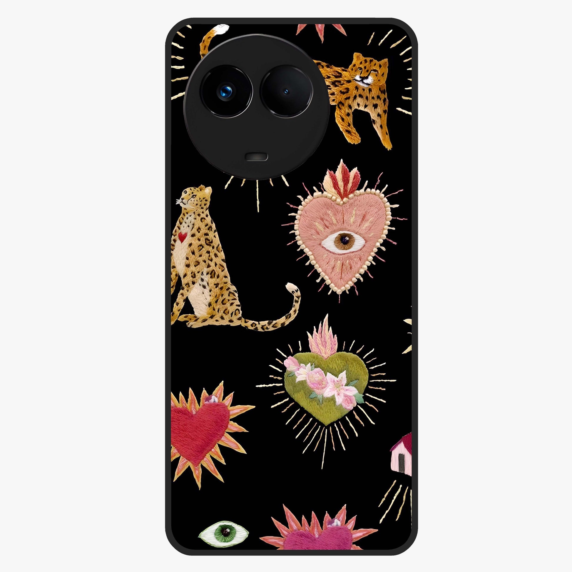 Sacred Jungle Heart Glass Case showing flat back view with jungle inspired heart artwork and glossy glass finish.
