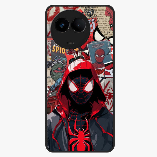 Spider Collage Street Glass Case showing flat back view with vibrant superhero collage artwork and glossy glass finish.