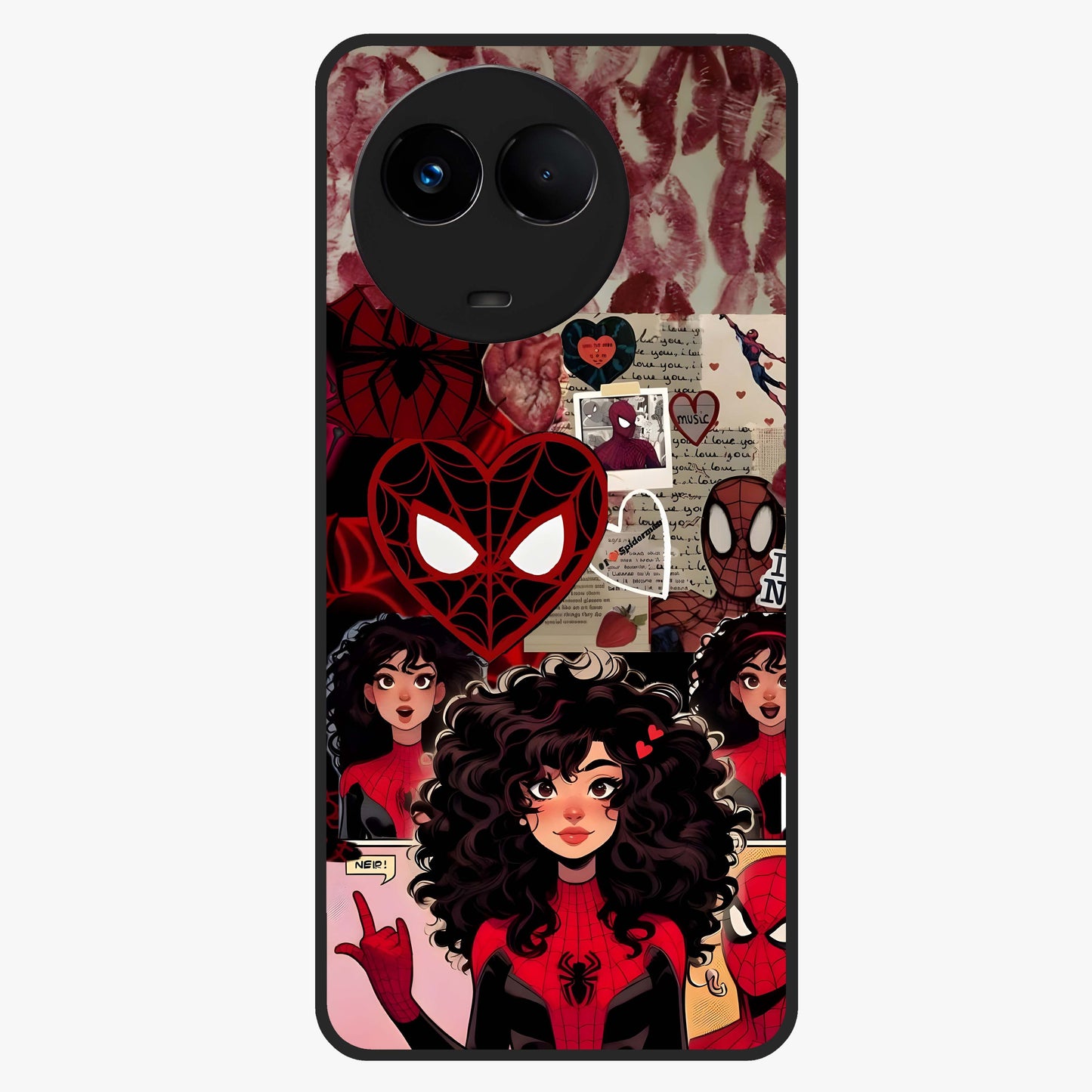 Spider Love Story Glass Case showing flat back view with romantic superhero themed artwork and glossy glass finish.