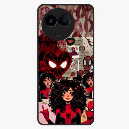 Spider Love Story Glass Case showing flat back view with romantic superhero themed artwork and glossy glass finish.