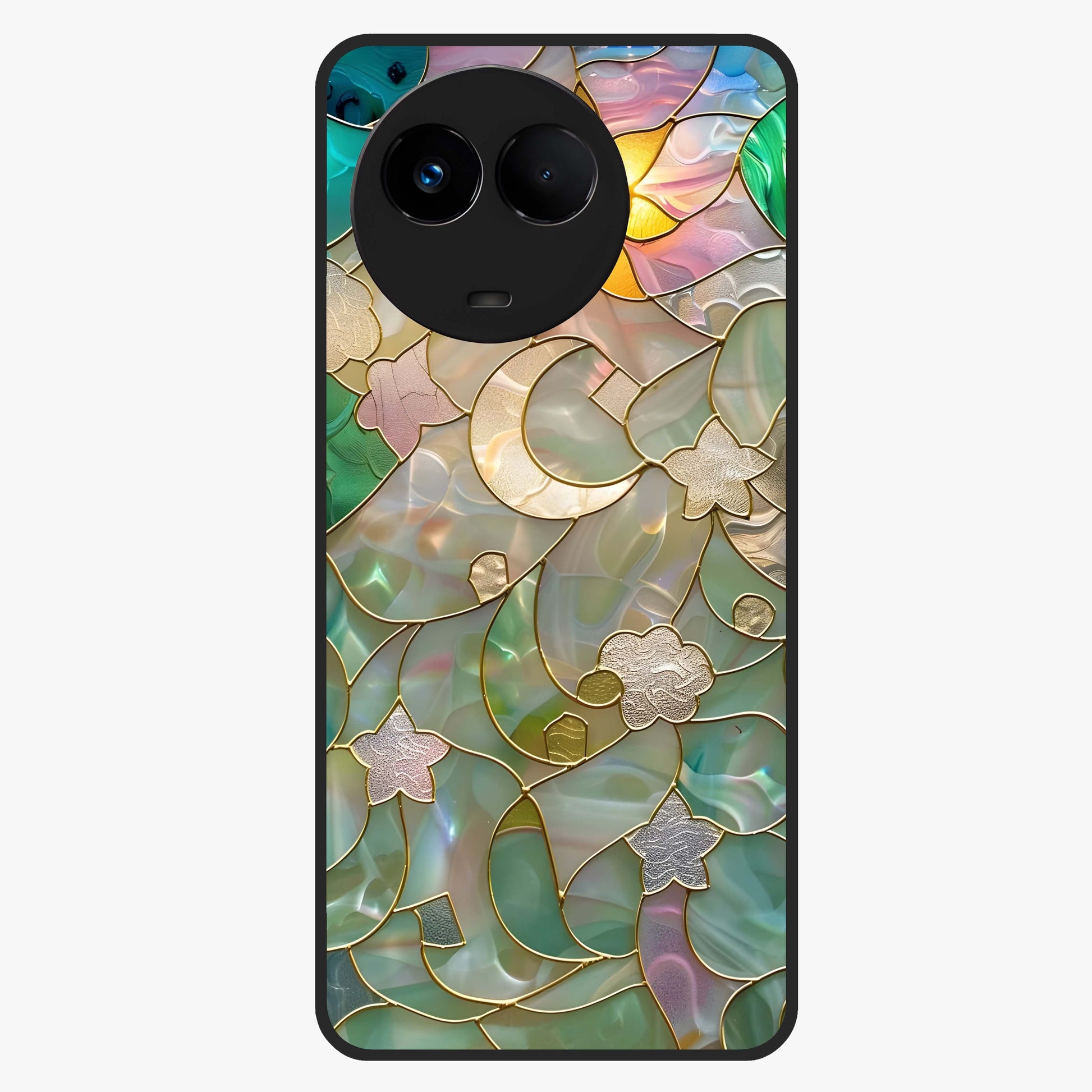 Stained Sunrise Glow Glass Case showing flat back view with glowing sunrise stained pattern artwork and glossy glass finish.