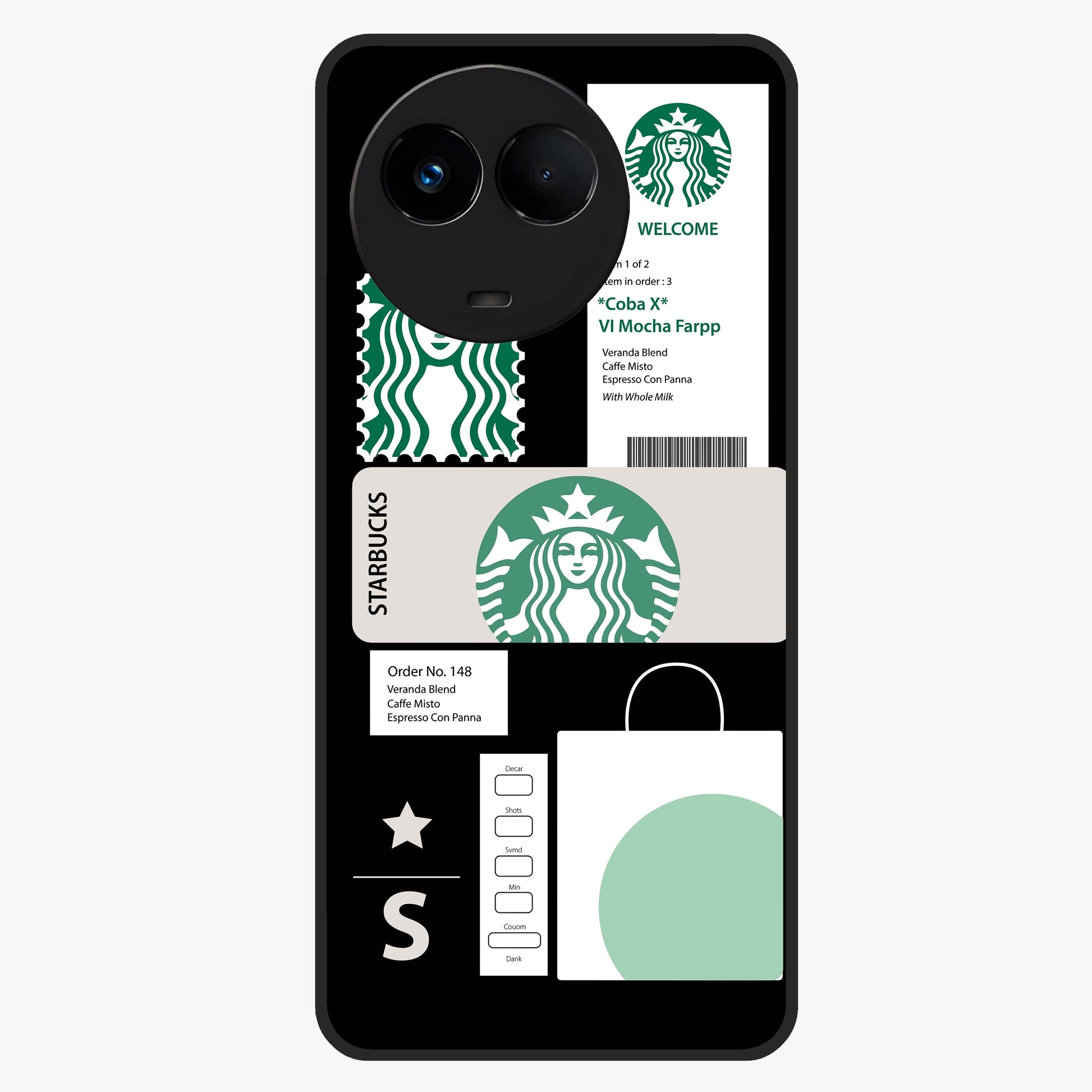 Starbucks Mocha Glass Case showing flat back view with coffee inspired artwork and glossy glass finish.