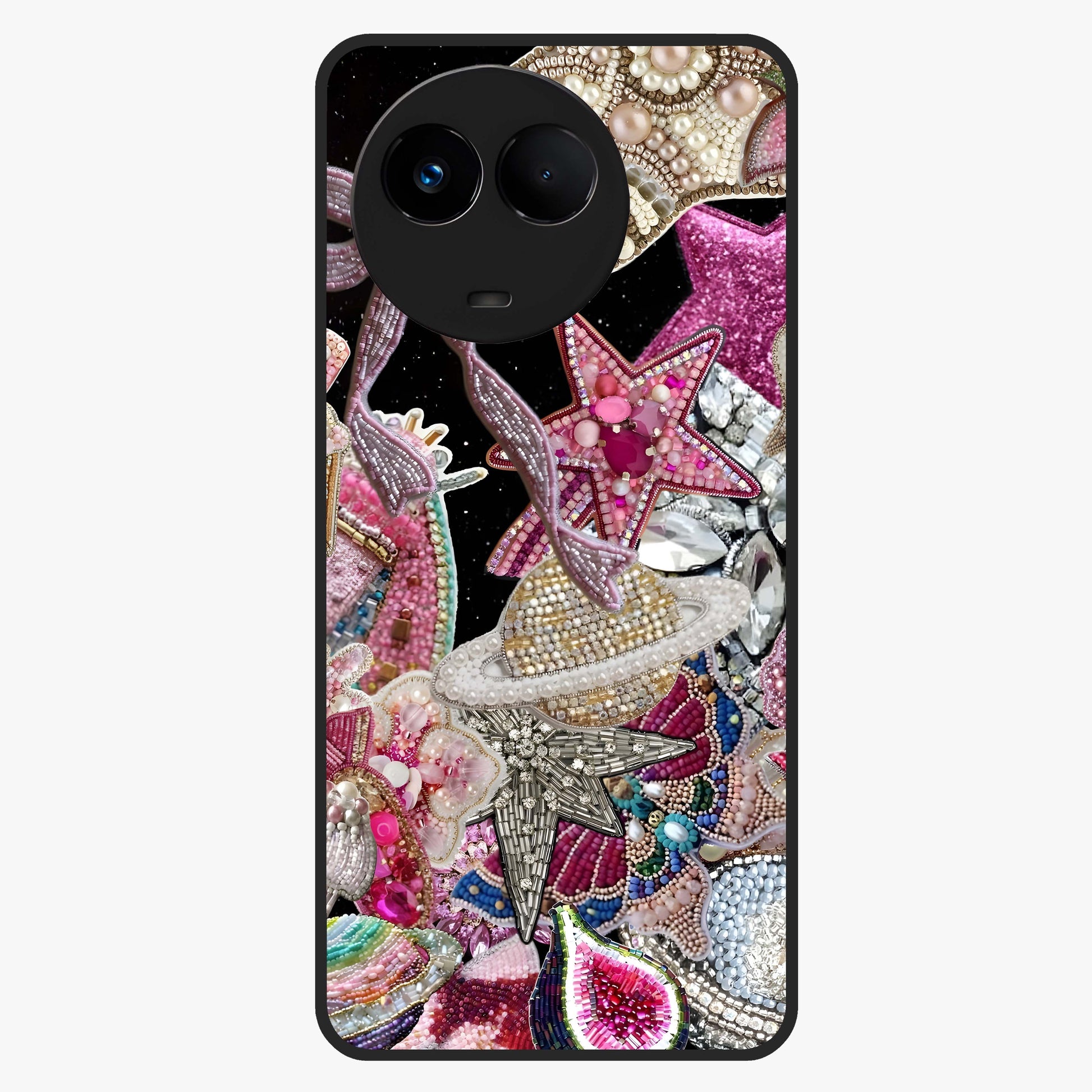 Starlit Jewel Dream Glass Case showing flat back view with sparkling jewel and star themed artwork and glossy glass finish.