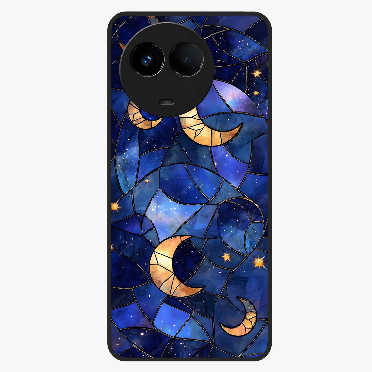 Starlit Sky Tapestry Glass Case showing flat back view with decorative starry sky tapestry artwork and glossy glass finish.