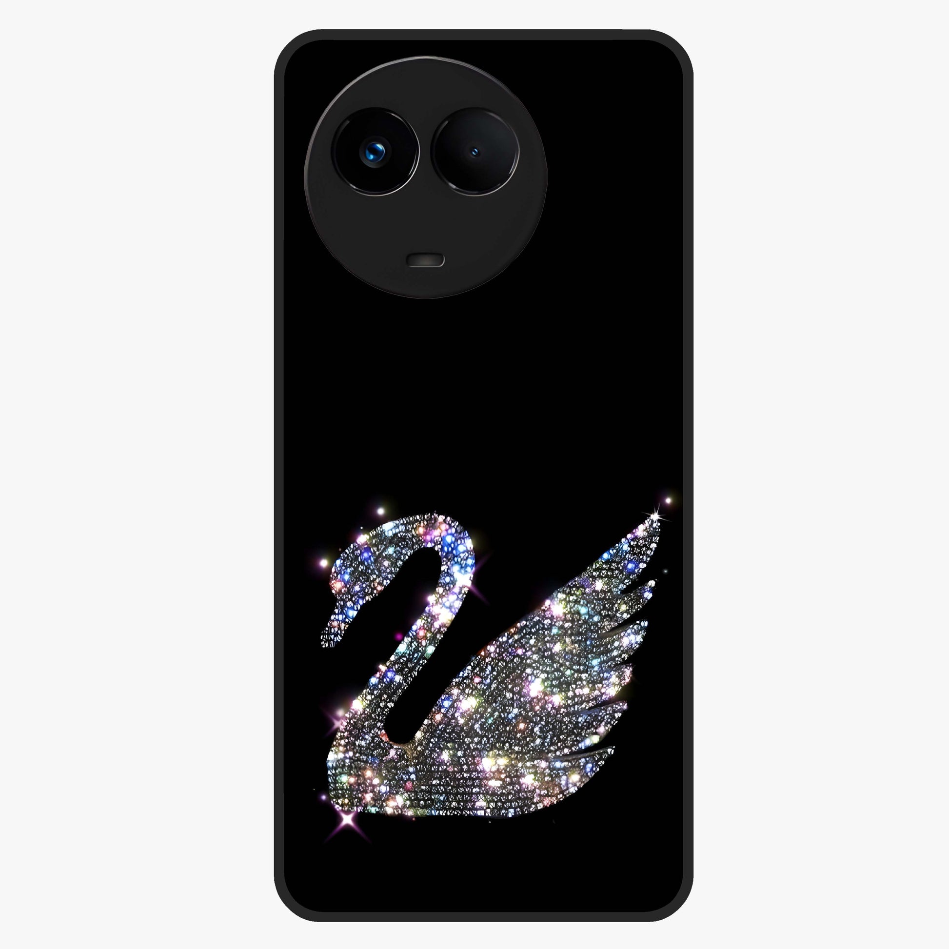 Starlit Swan Grace Glass Case showing flat back view with graceful swan artwork under starry sky and glossy glass finish.