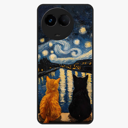 Starry River Cats Glass Case showing flat back view with cats by a starry river artwork and glossy glass finish.