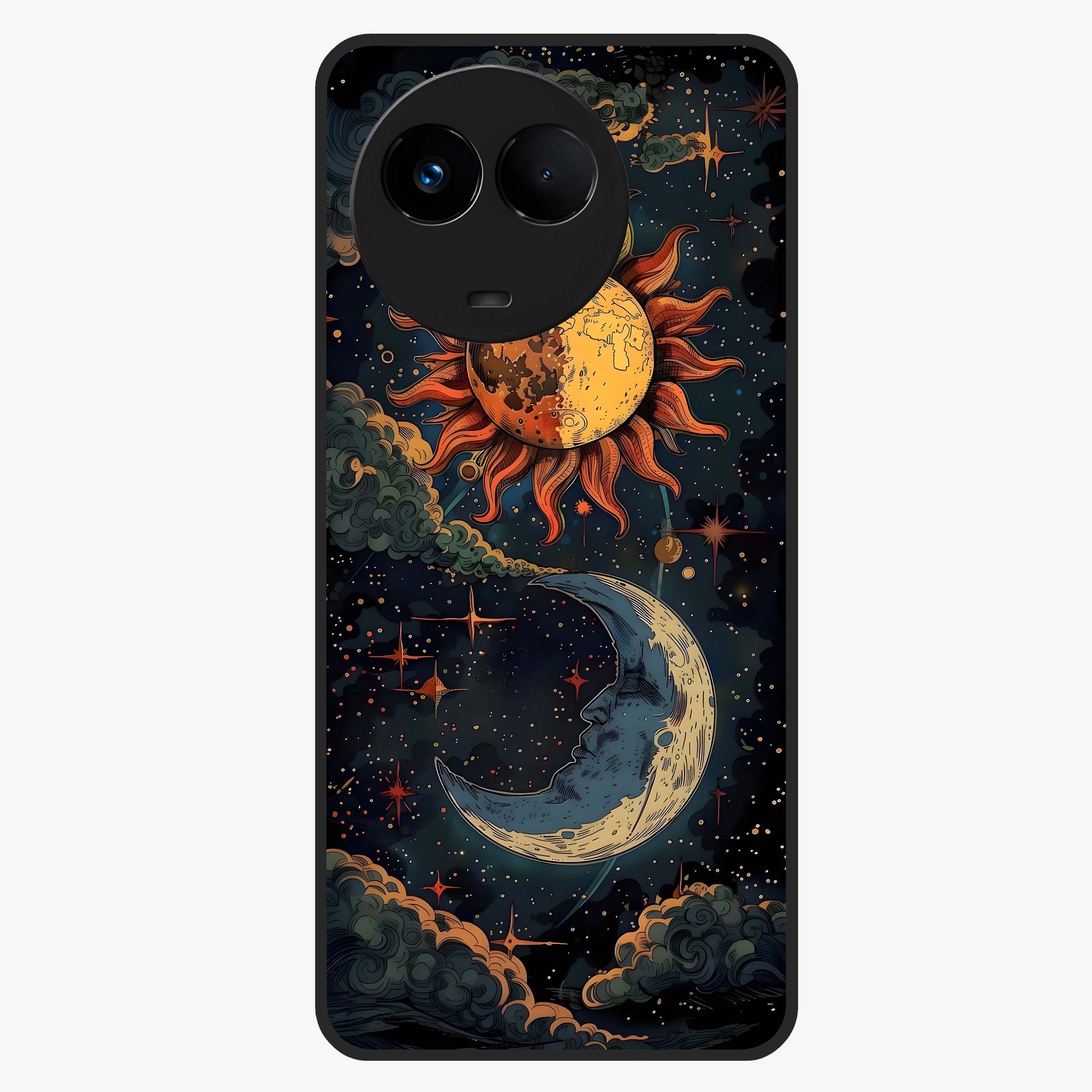Sun And Moon Magic Design Glass Case showing flat back view with mystical sun and moon artwork and glossy glass finish.