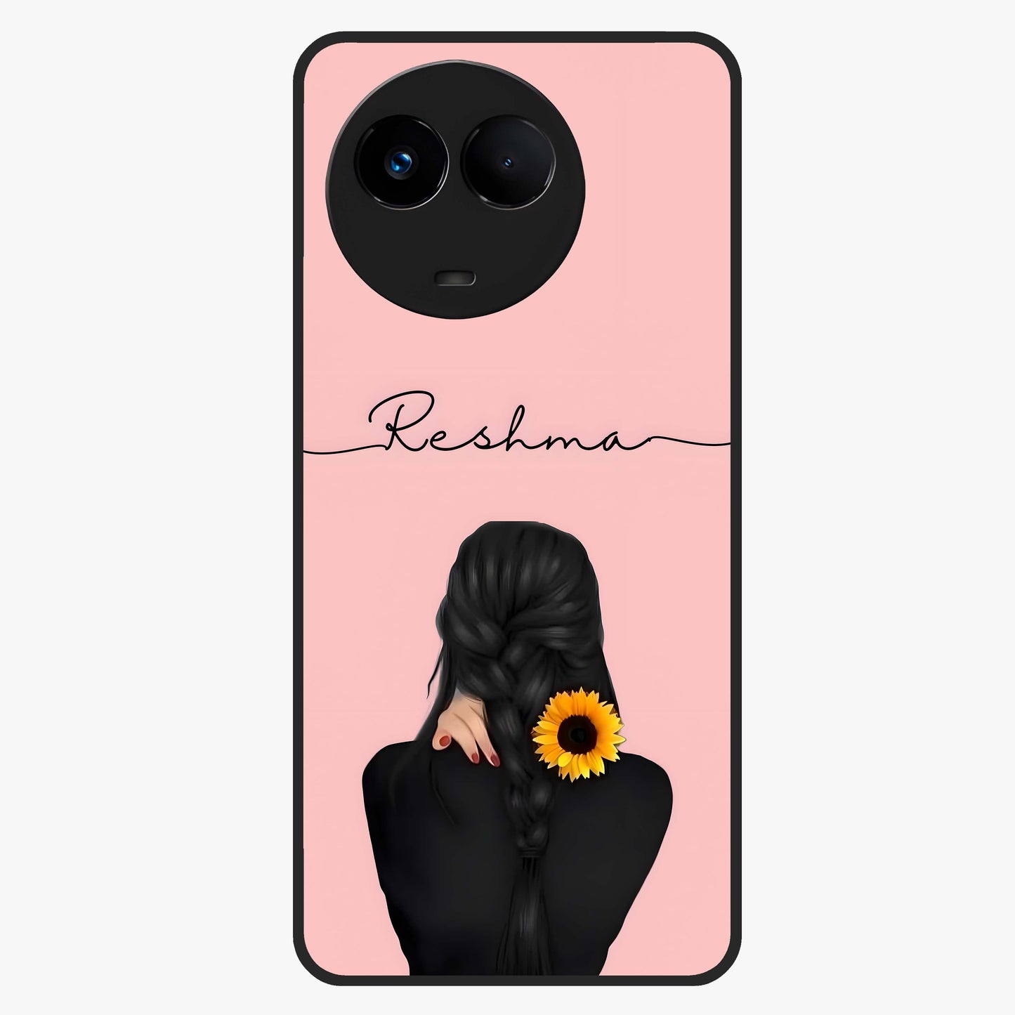 Sunflower Braid Beauty With Custom Name Glass Case showing flat back view with sunflower braid artwork and personalized name design.