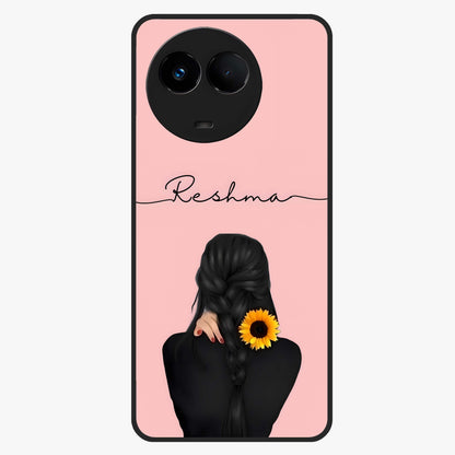 Sunflower Braid Beauty With Custom Name Glass Case showing flat back view with sunflower braid artwork and personalized name design.