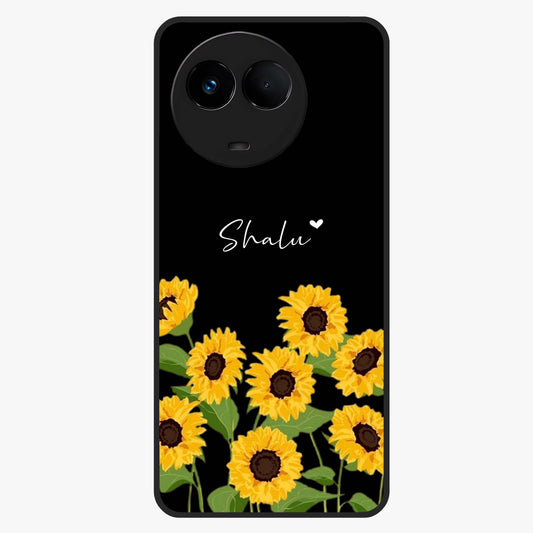 Sunflower Chic Mood Custom Name Glass Case showing flat back view with stylish sunflower artwork and personalized name design.