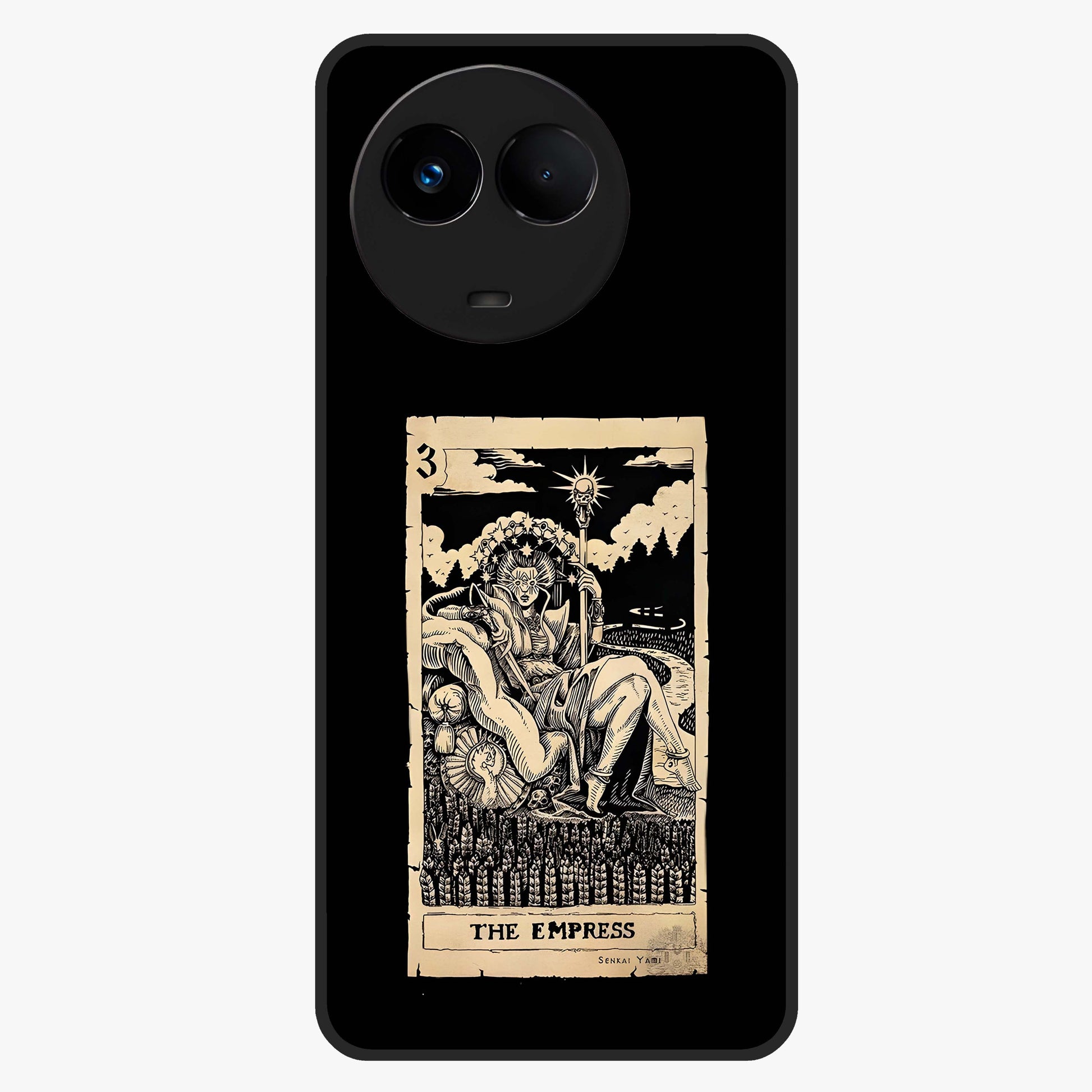 The Empress Glass Case showing flat back view with regal feminine artwork and glossy glass finish.