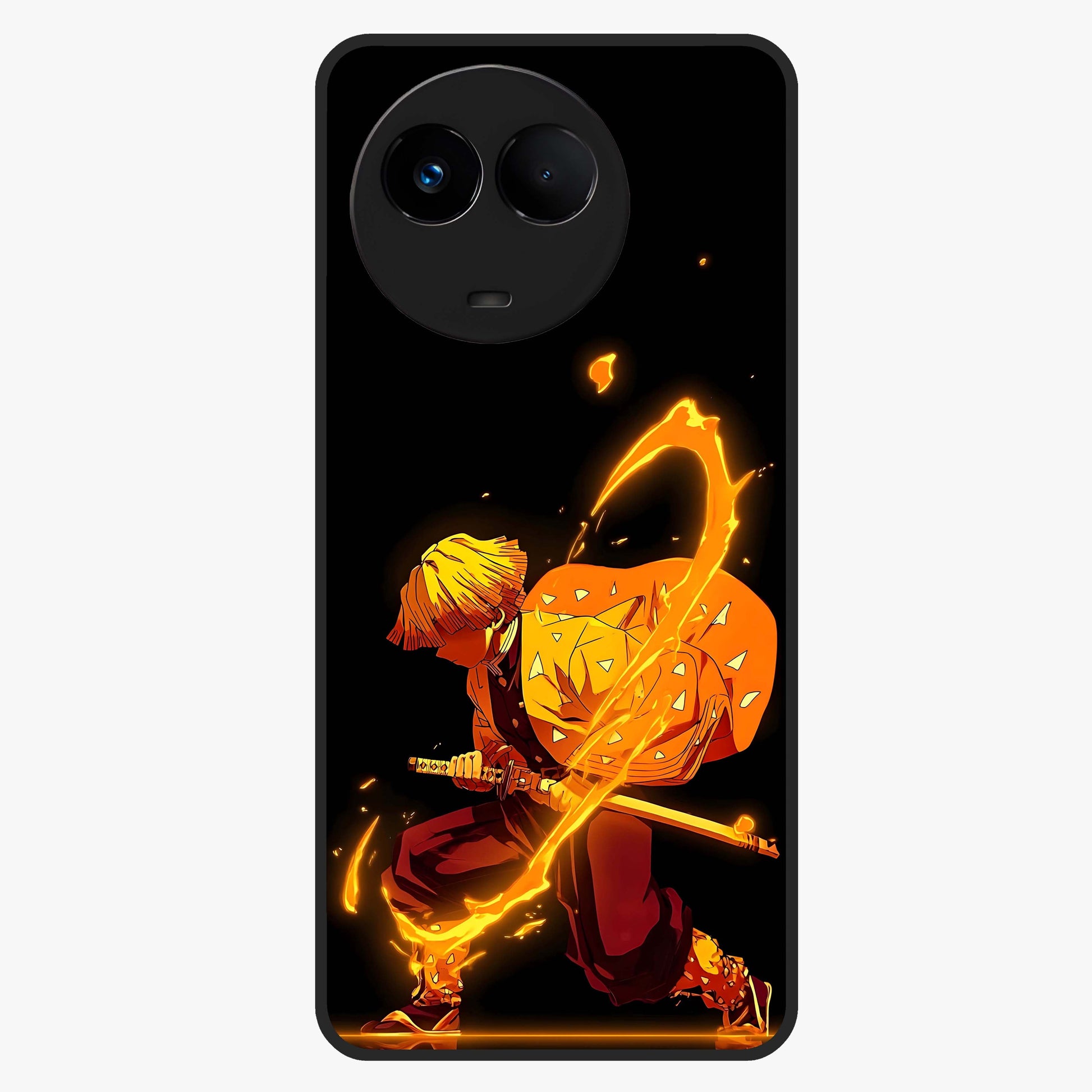 Thunder Flame Execution Glass Case showing flat back view with powerful flame and lightning artwork and glossy glass finish.