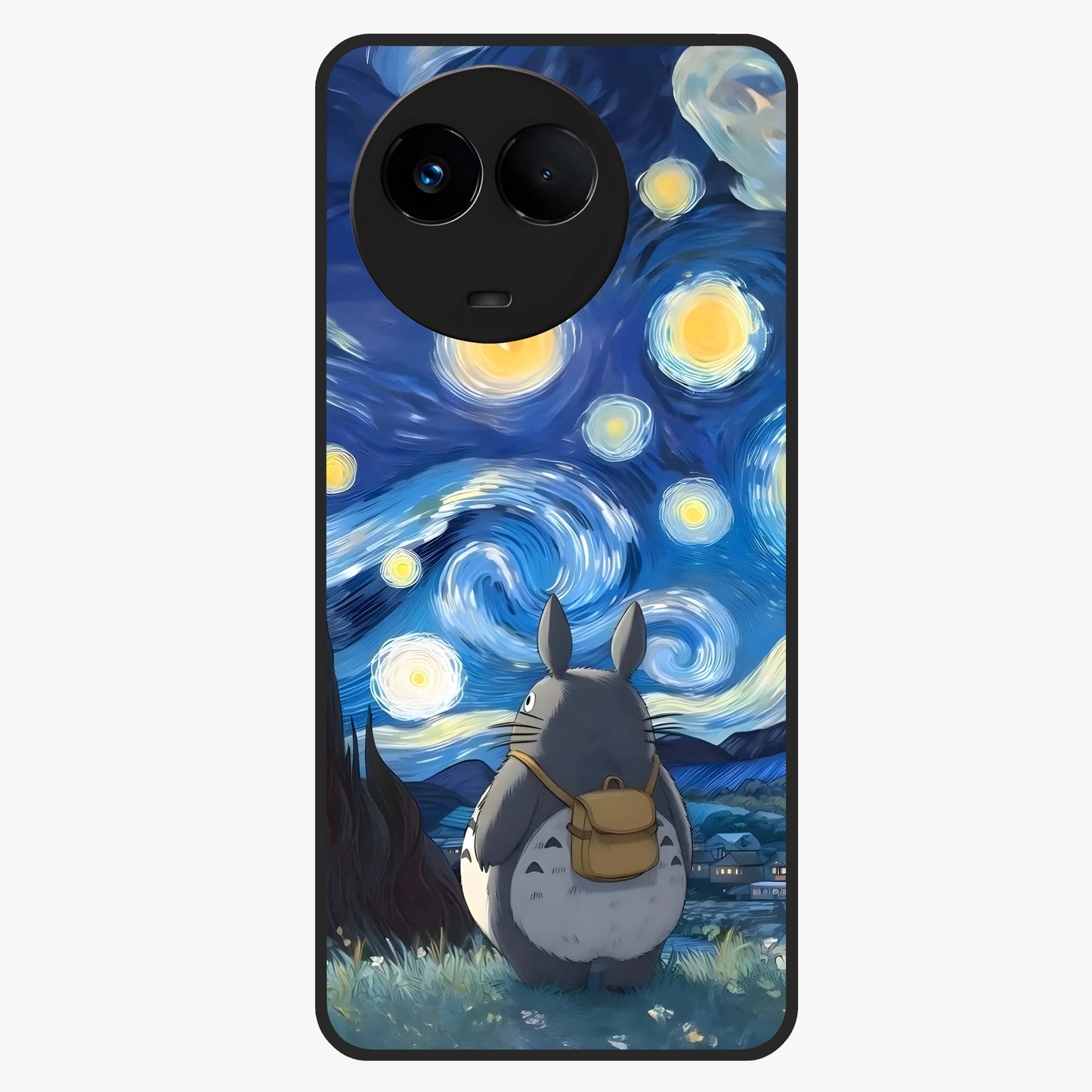Totoro In Van Gogh Art Glass Case showing flat back view with whimsical character artwork inspired by Van Gogh style and glossy glass finish.