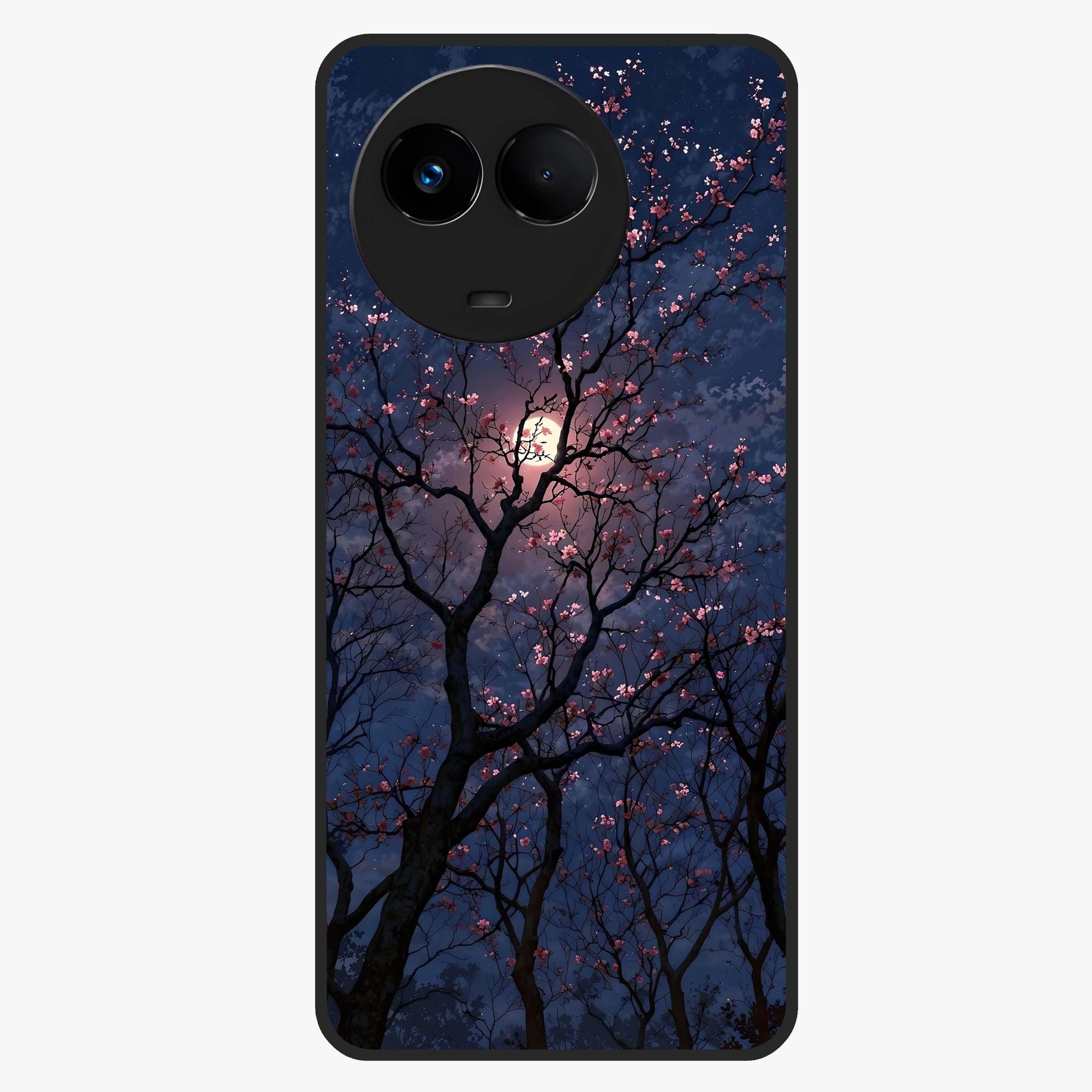 Twilight Sakura Serenade Glass Case showing flat back view with cherry blossom artwork at twilight and glossy glass finish.