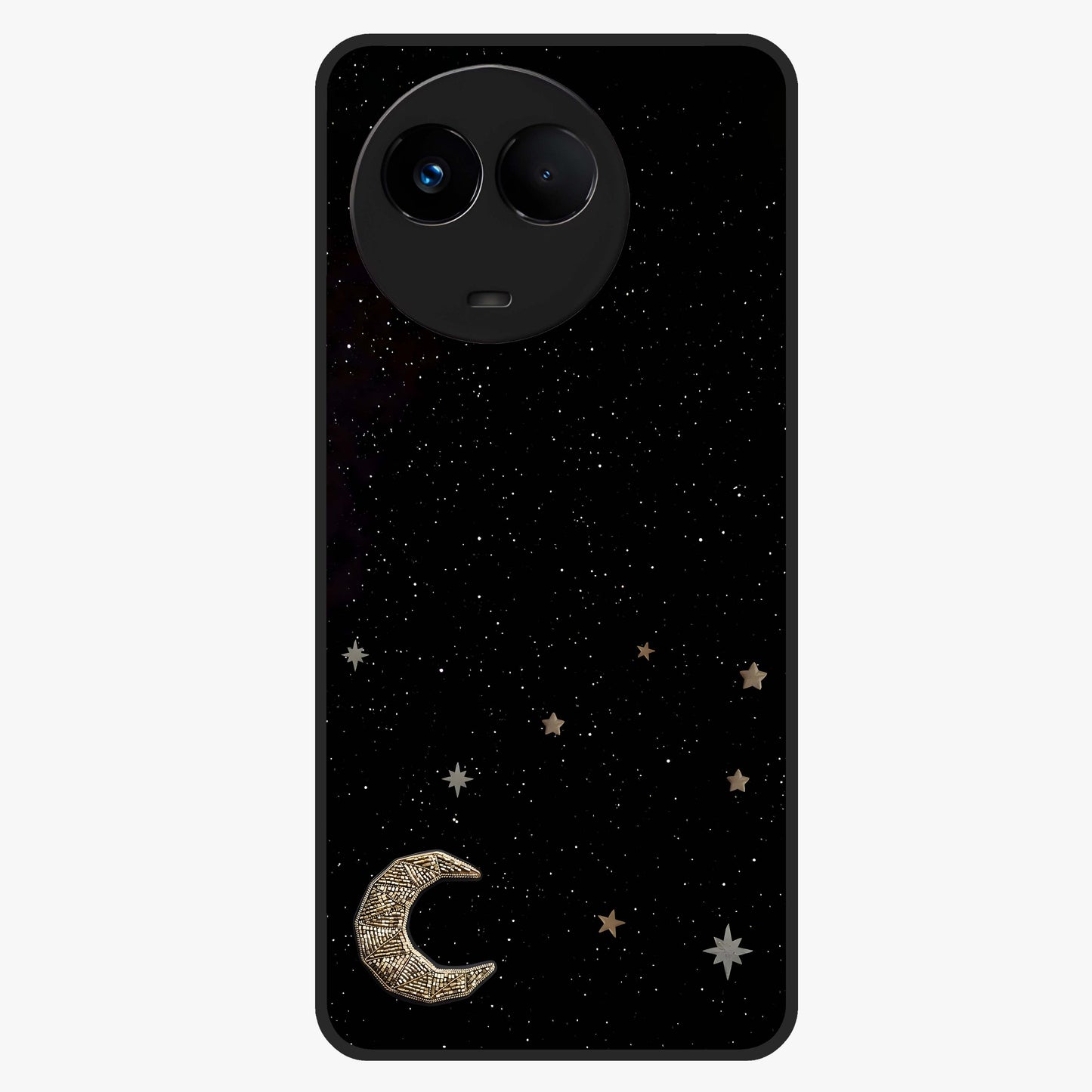 Twinkle Star With Half Moon Glass Case showing flat back view with star and half moon artwork and glossy glass finish.