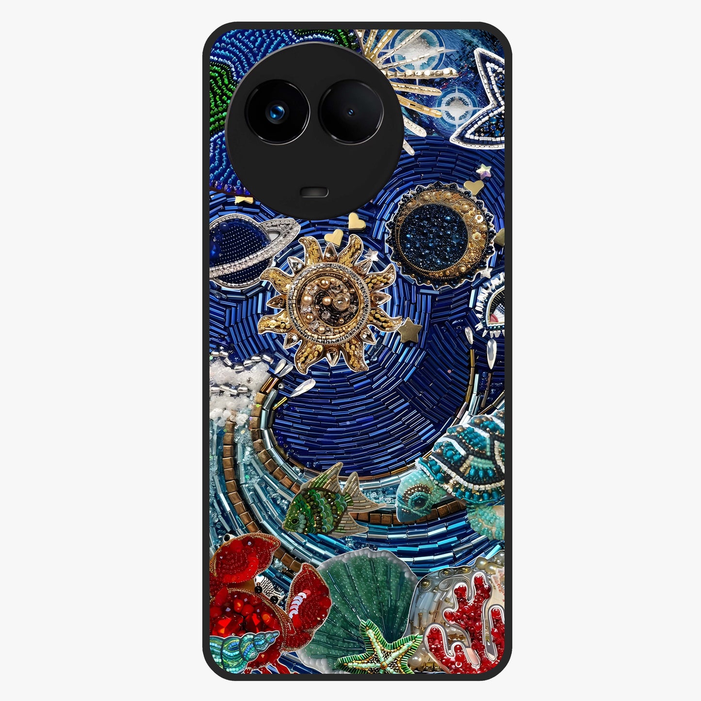 Universe Underwater Spark Glass Case showing flat back view with cosmic underwater themed artwork and glossy glass finish.