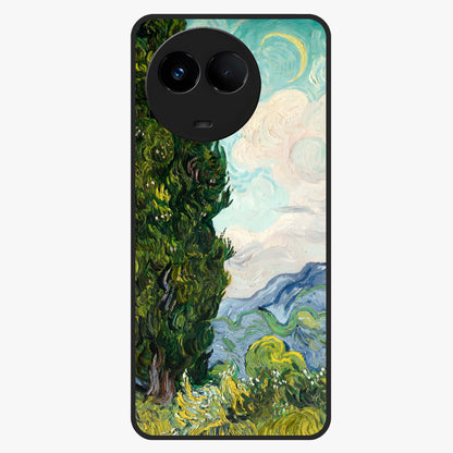 Van Gogh Vintage Art Glass Case showing flat back view with vintage painterly artwork inspired by Van Gogh style and glossy glass finish.