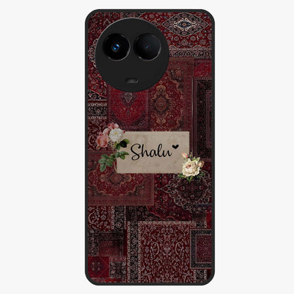 Velvet Wine Pattern Custom Name Glass Case showing flat back view with elegant wine colored pattern artwork and personalized name design.