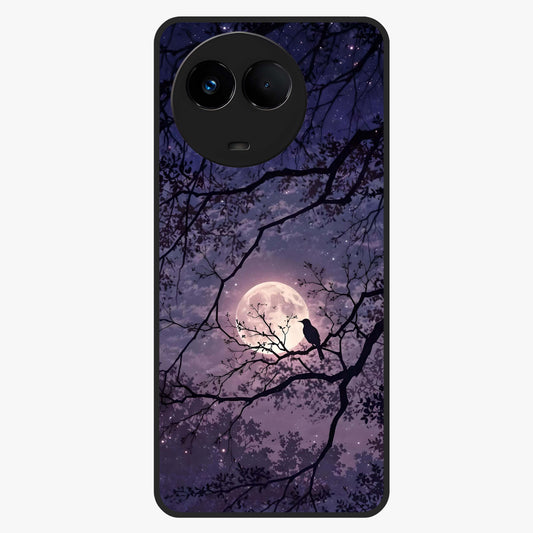 Whispering Moon Silence Glass Case showing flat back view with serene moon themed artwork and glossy glass finish.