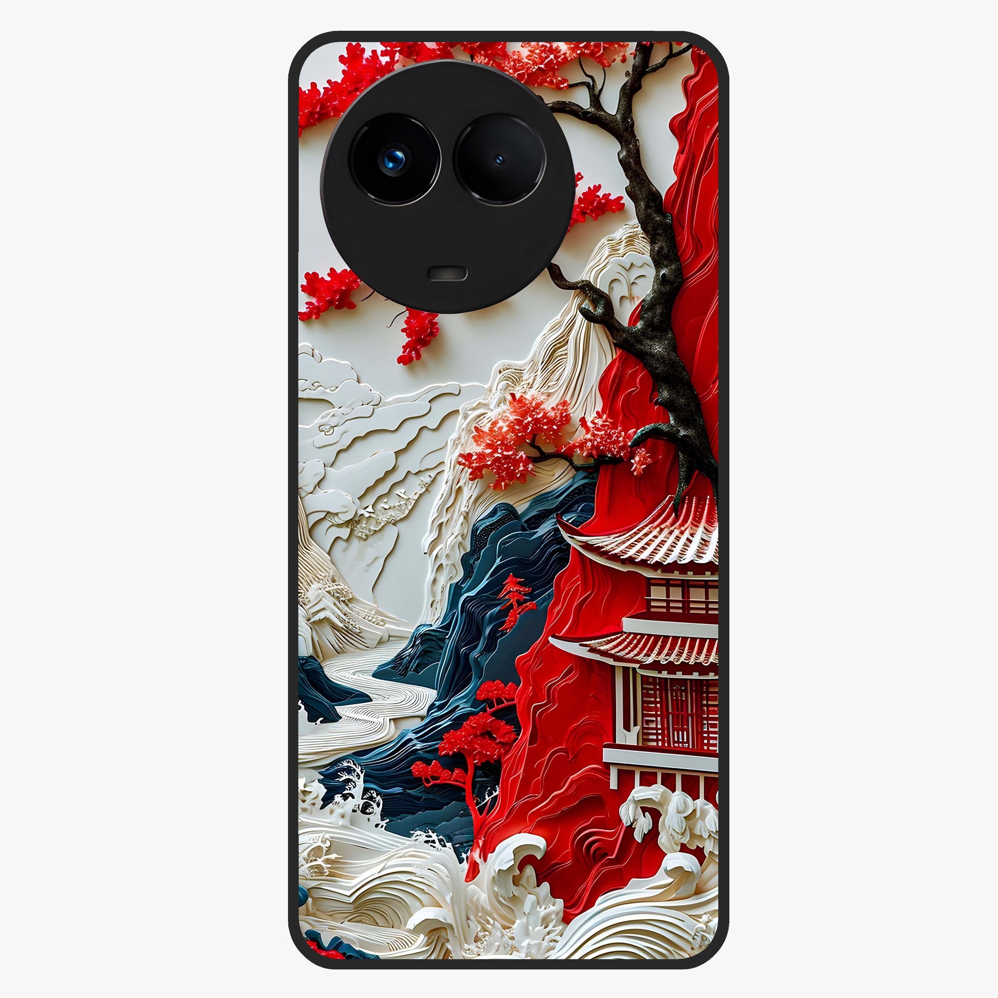 Whispers Of Sakura Waves Glass Case showing flat back view with cherry blossom wave artwork and glossy glass finish.