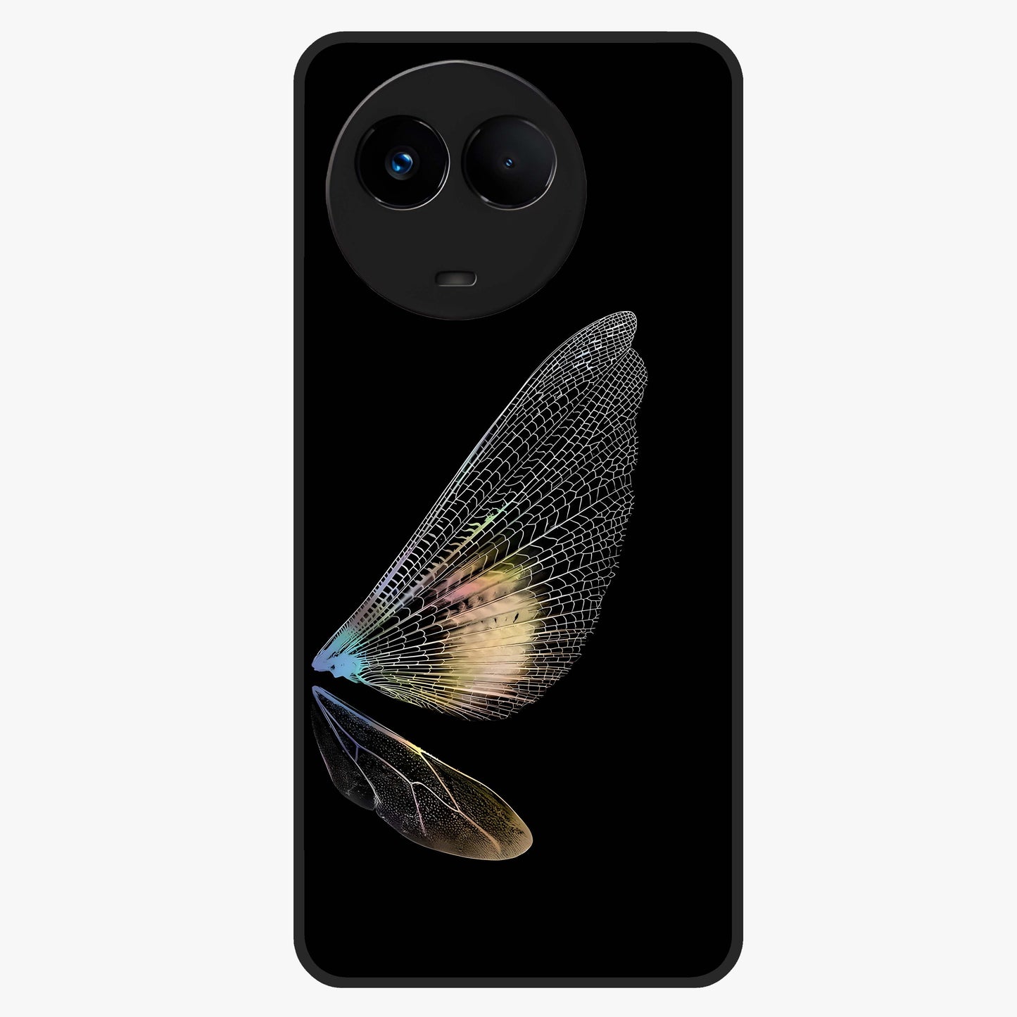Whispers Of Wings Glass Case showing flat back view with graceful wing inspired artwork and glossy glass finish.