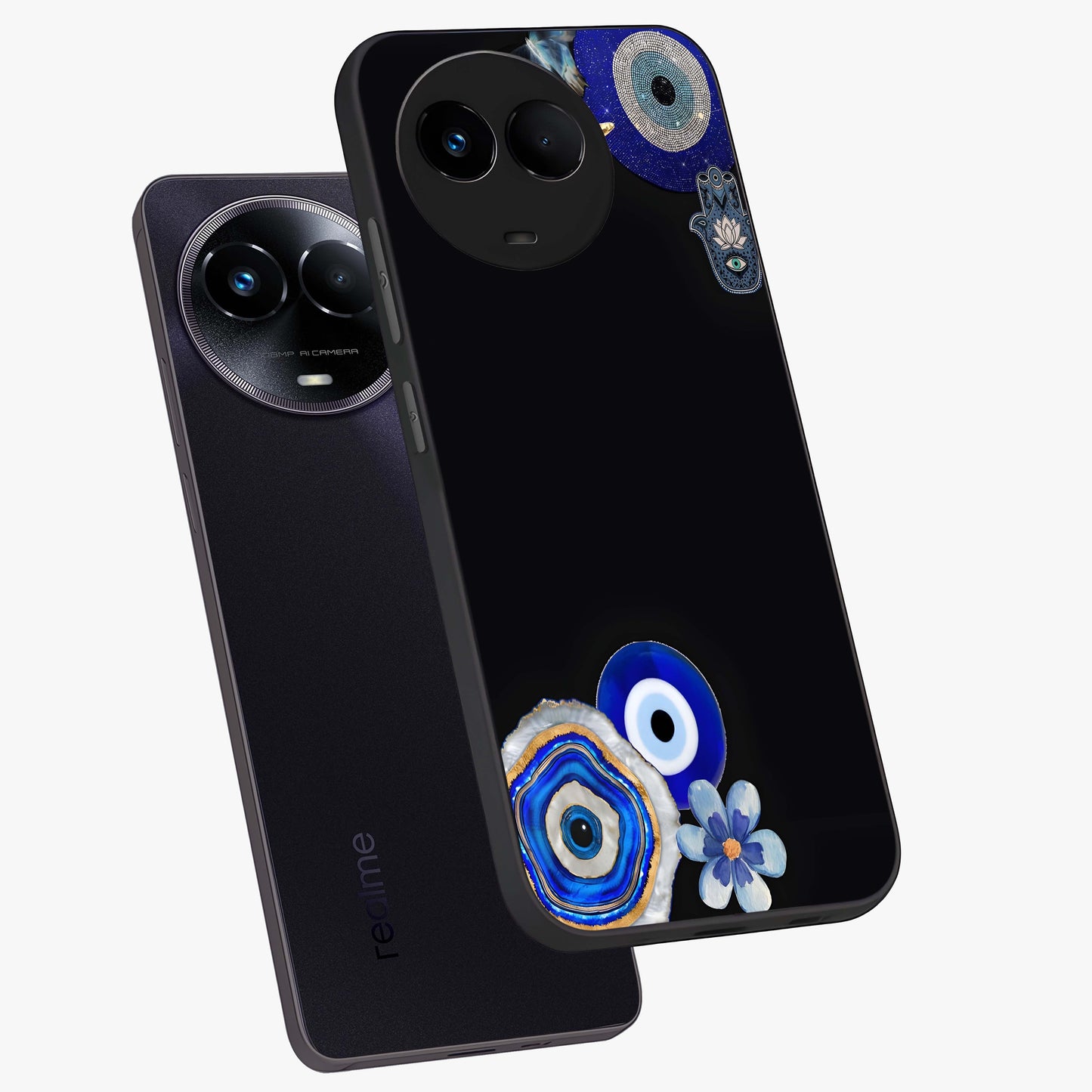 Aesthetic Blue Evil Eye Glass Case displayed in angled mockup highlighting blue evil eye symbol and spiritual aesthetic design.