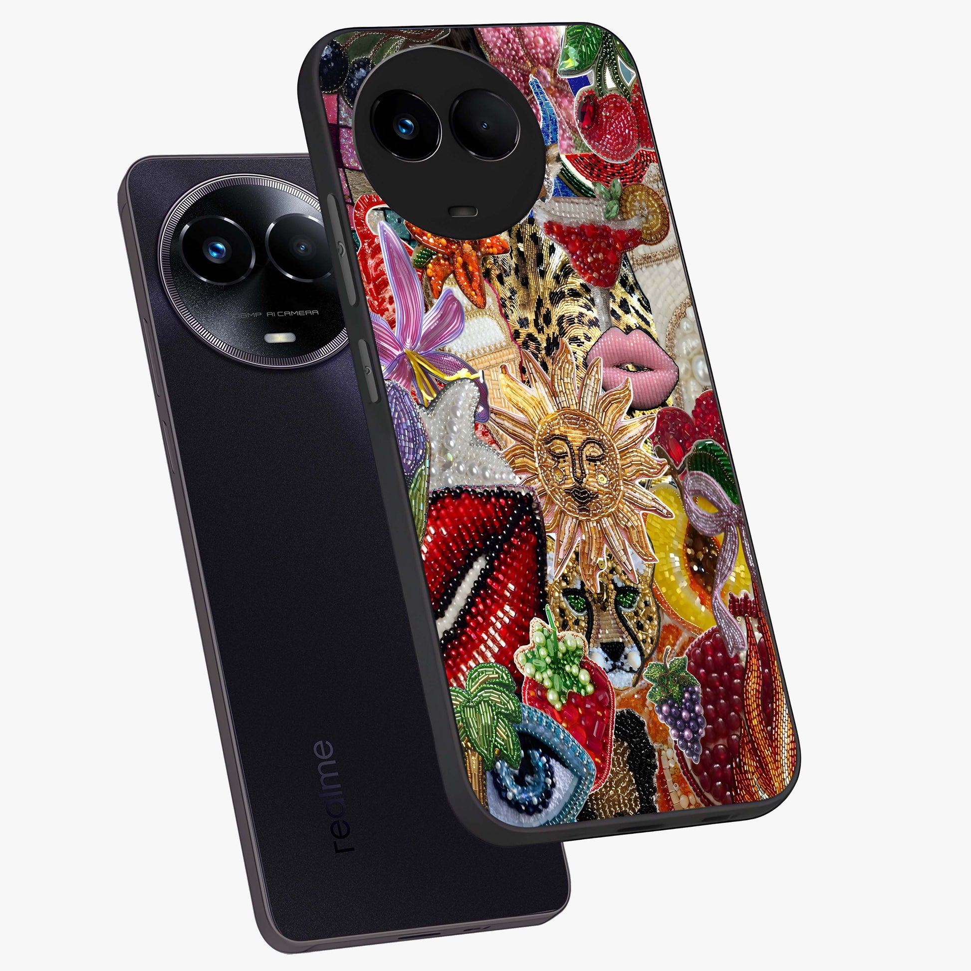 Beaded Fashion Jungle Glass Case displayed in angled mockup highlighting colorful fashion bead design and artistic pattern.