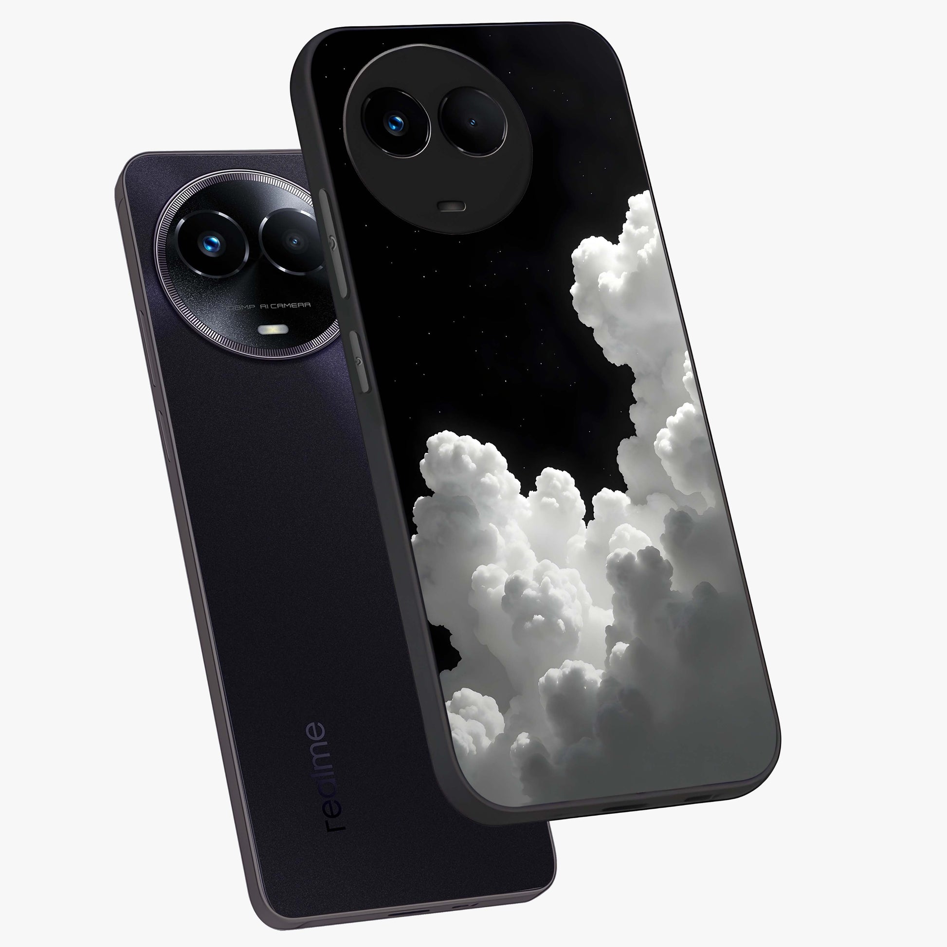 Black Background With White Cloud Glass Case displayed in angled mockup highlighting soft white cloud illustration and minimal design.