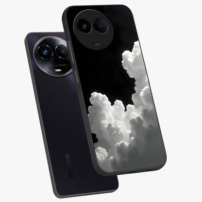 Black Background With White Cloud Glass Case displayed in angled mockup highlighting soft white cloud illustration and minimal design.