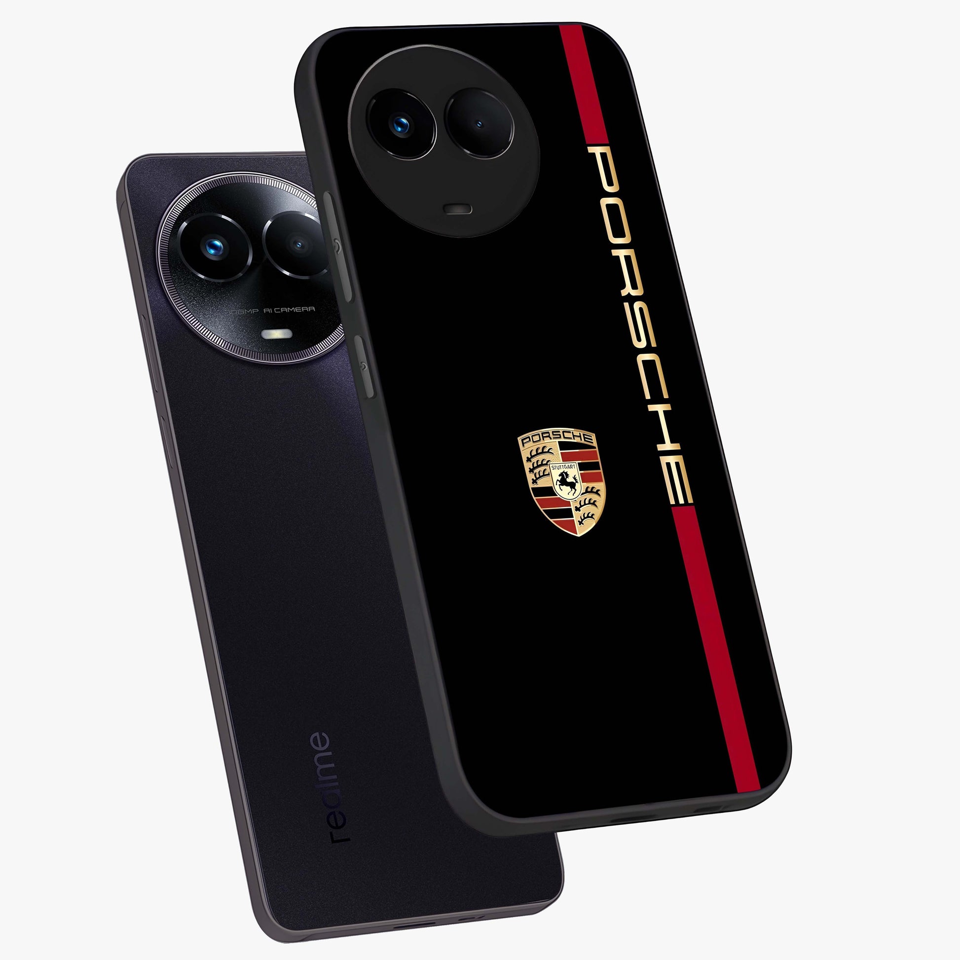 Black Minimal Porsche Glass Case displayed in angled mockup highlighting modern minimal car illustration and clean aesthetic design.