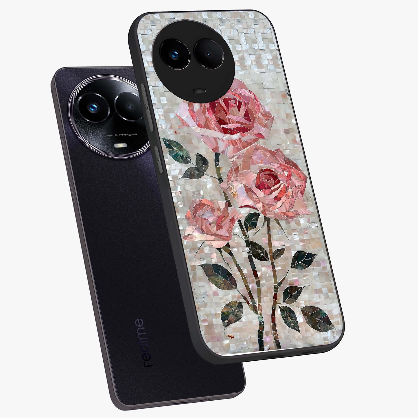 Blush Mosaic Bloom Glass Case displayed in angled mockup highlighting artistic mosaic flower pattern with aesthetic design.