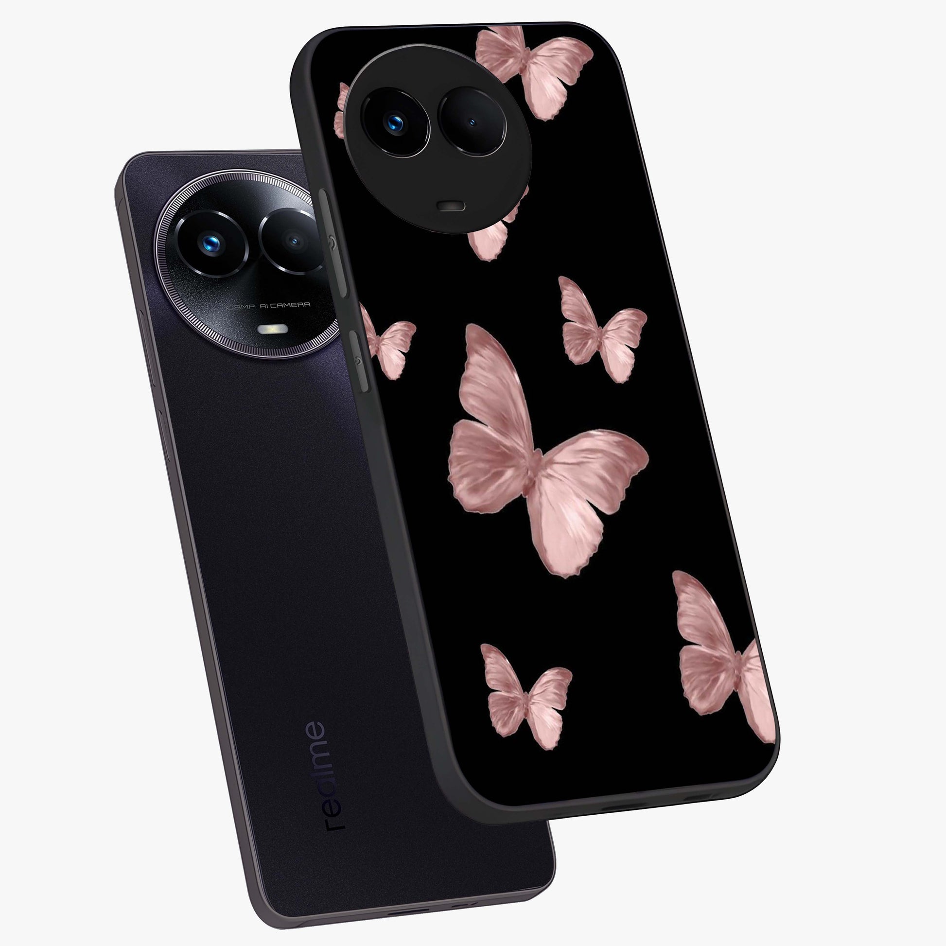Butterfly Pattern Glass Case displayed in angled mockup highlighting delicate butterfly design and aesthetic pattern style.