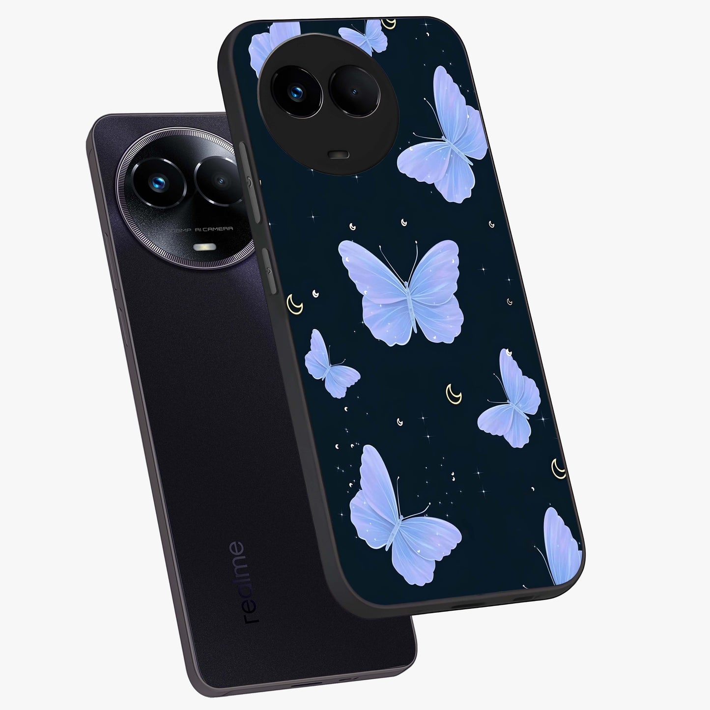 Butterfly With Stars Pattern Glass Case displayed in angled mockup highlighting dreamy butterfly and star design with aesthetic theme.