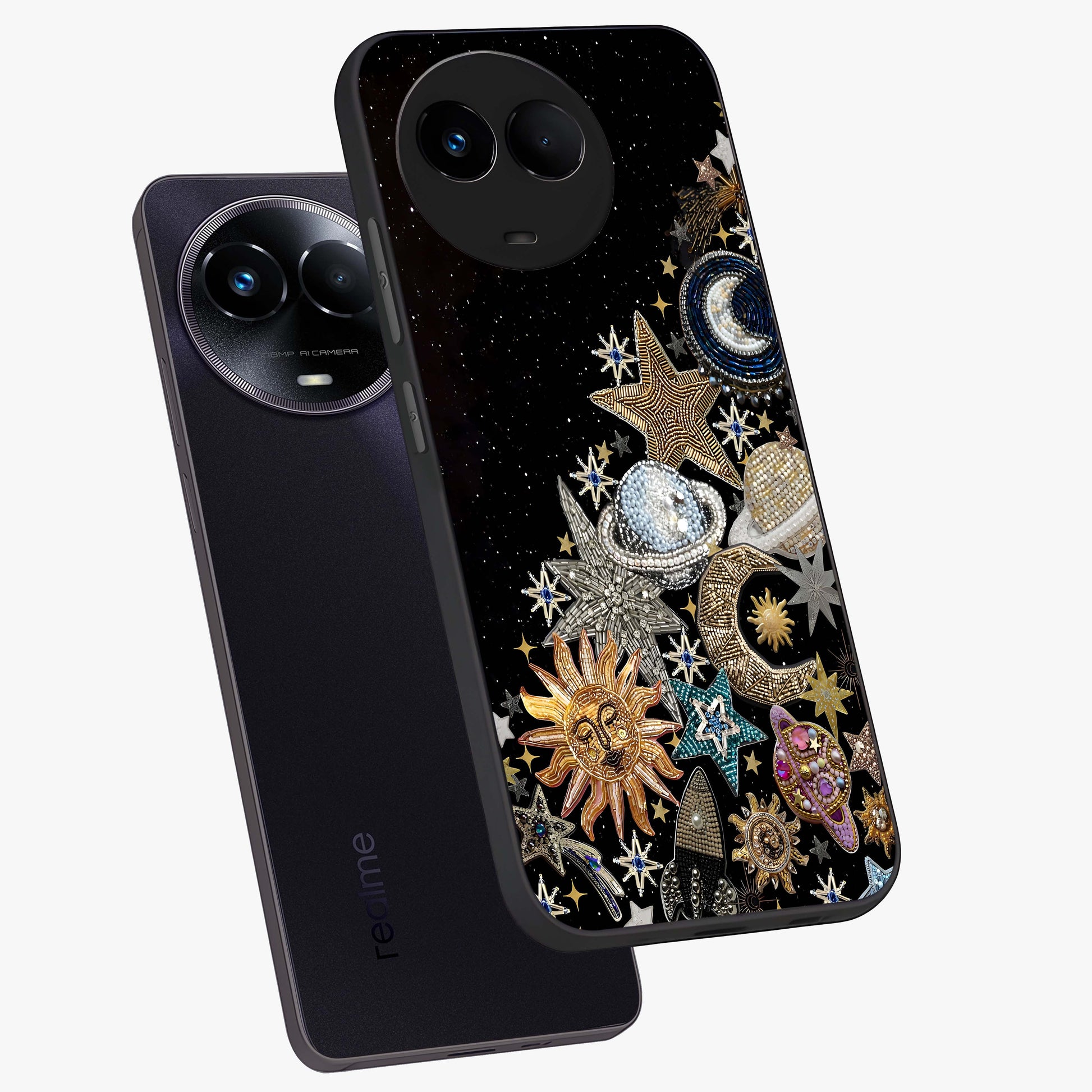 Cosmic Sparkle Dreams Glass Case displayed in angled mockup highlighting dreamy star sparkle design with celestial aesthetic.