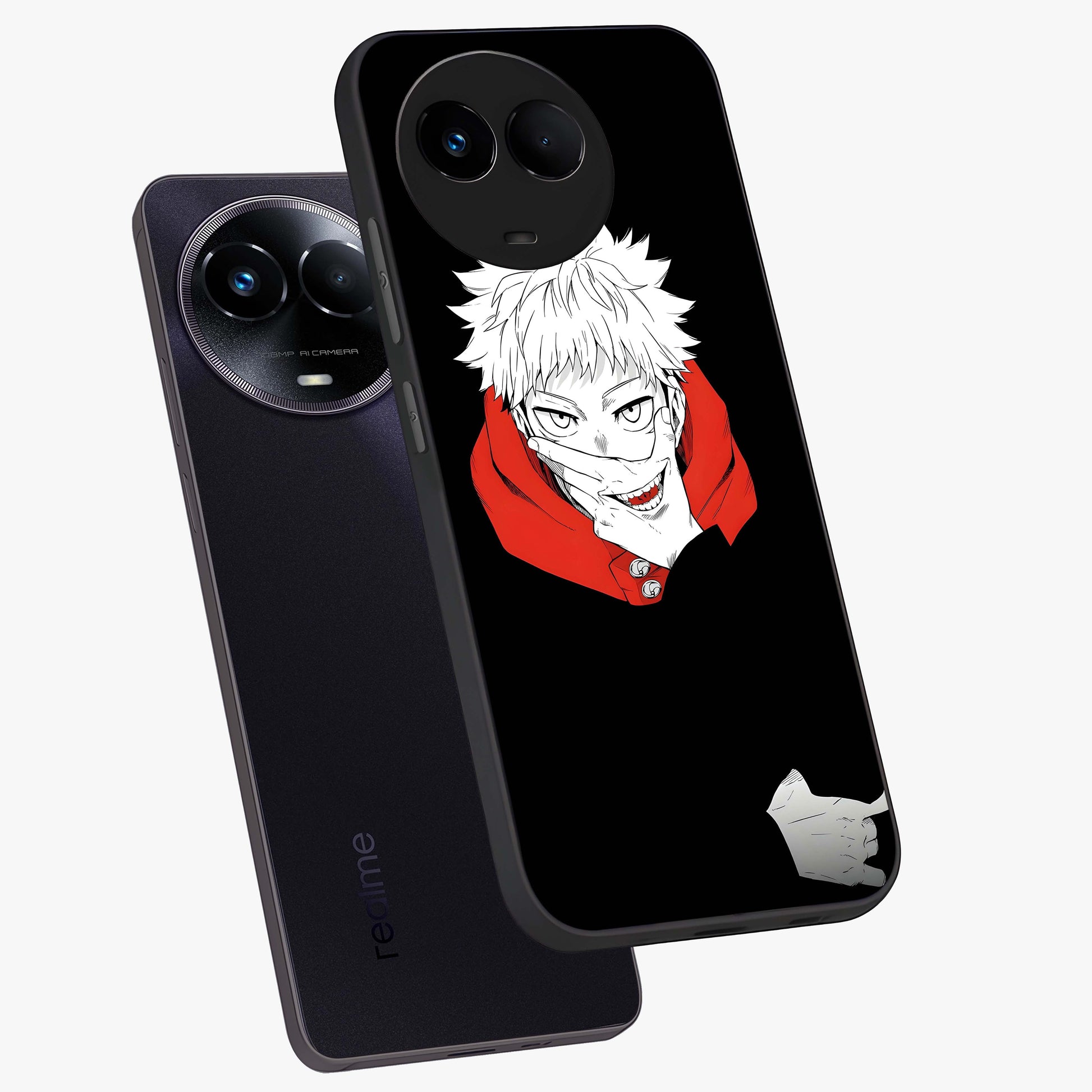 Crimson Chaos Smile Glass Case displayed in angled mockup highlighting edgy crimson smile design with graphic aesthetic.
